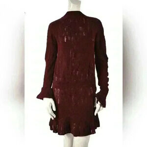 THEYSKENS THEORY Red Burgundy Wool Distressed Bell Sleeve 3/4 Length Dress